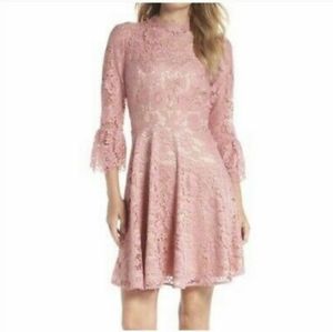 Eliza J ruffle sleeve fit & flare pink lace dress